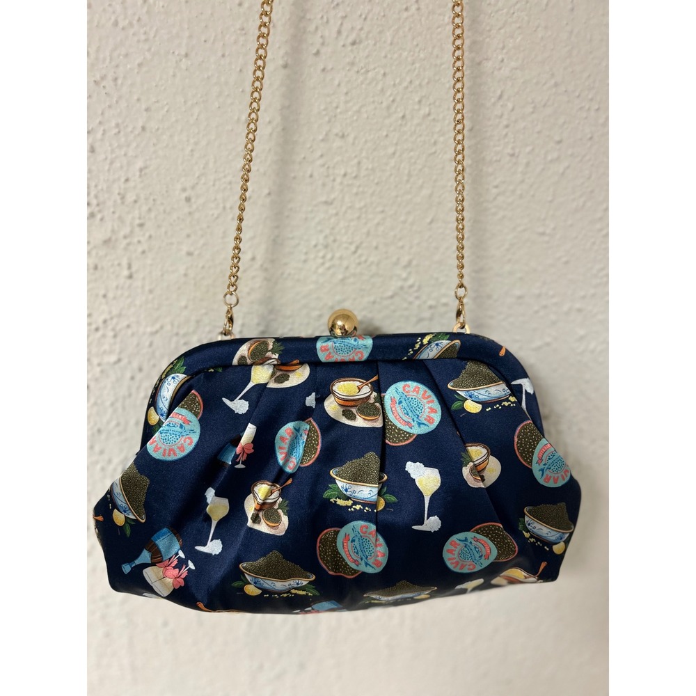 Navy Satin Caviar Champagne Print Frame Clutch Bag with Gold Chain Strap